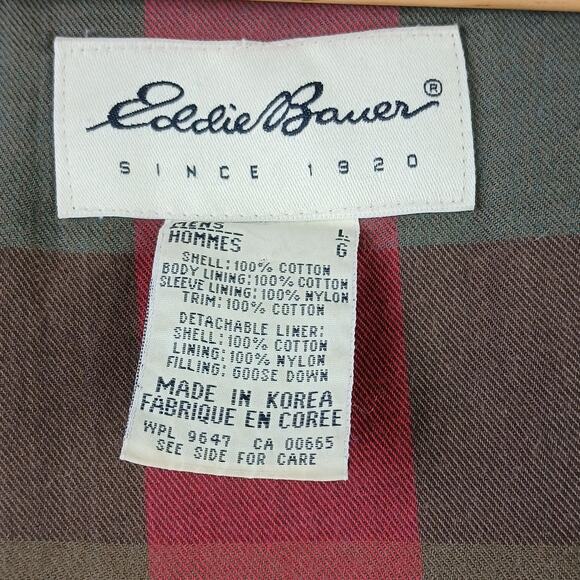 Eddie Bauer VTG SZ L Cotton Tan Chore Jacket Corduroy Collar Down Plaid Liner - Picture 7 of 11